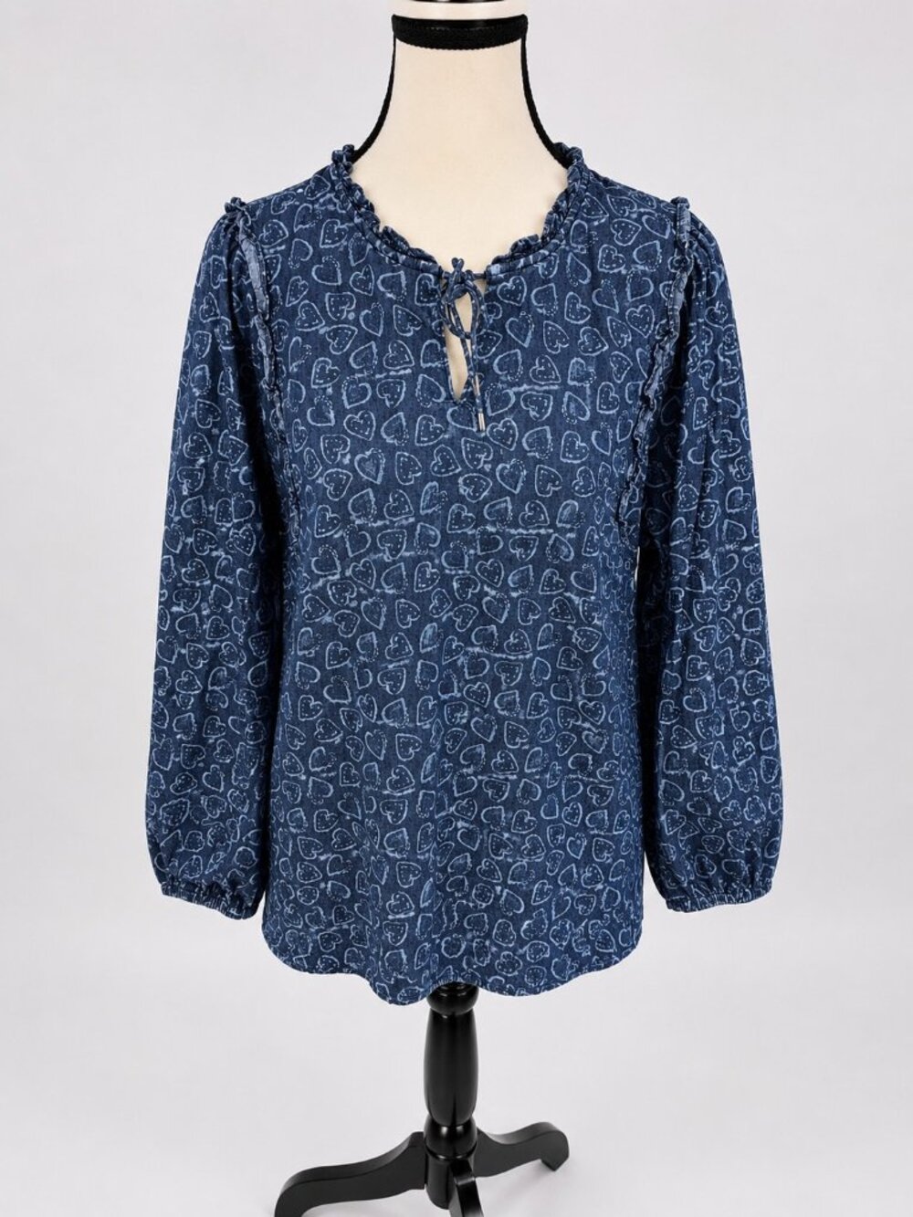 Tommy Hilfiger Womens Blue Heart Print Ruffle Tie Neck Blouse Top Size M